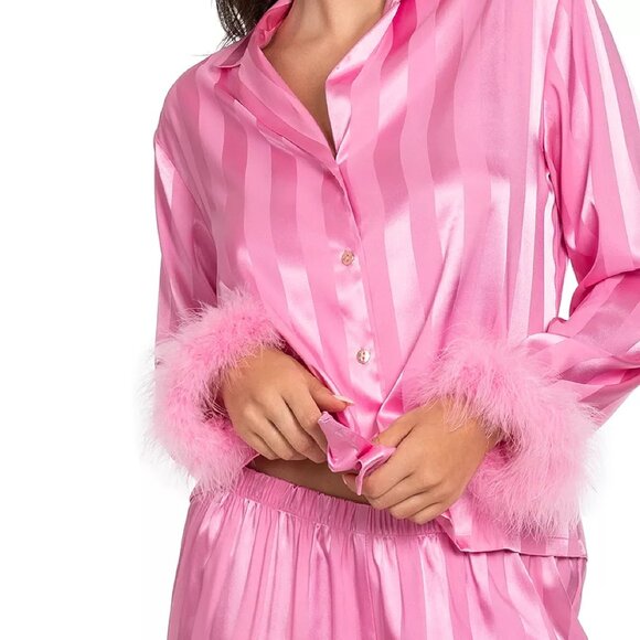 Sz XL new Linea Donatella Women's Feather-Trimmed STRIPED SATIN Pajama Set PINK - Picture 4 of 7